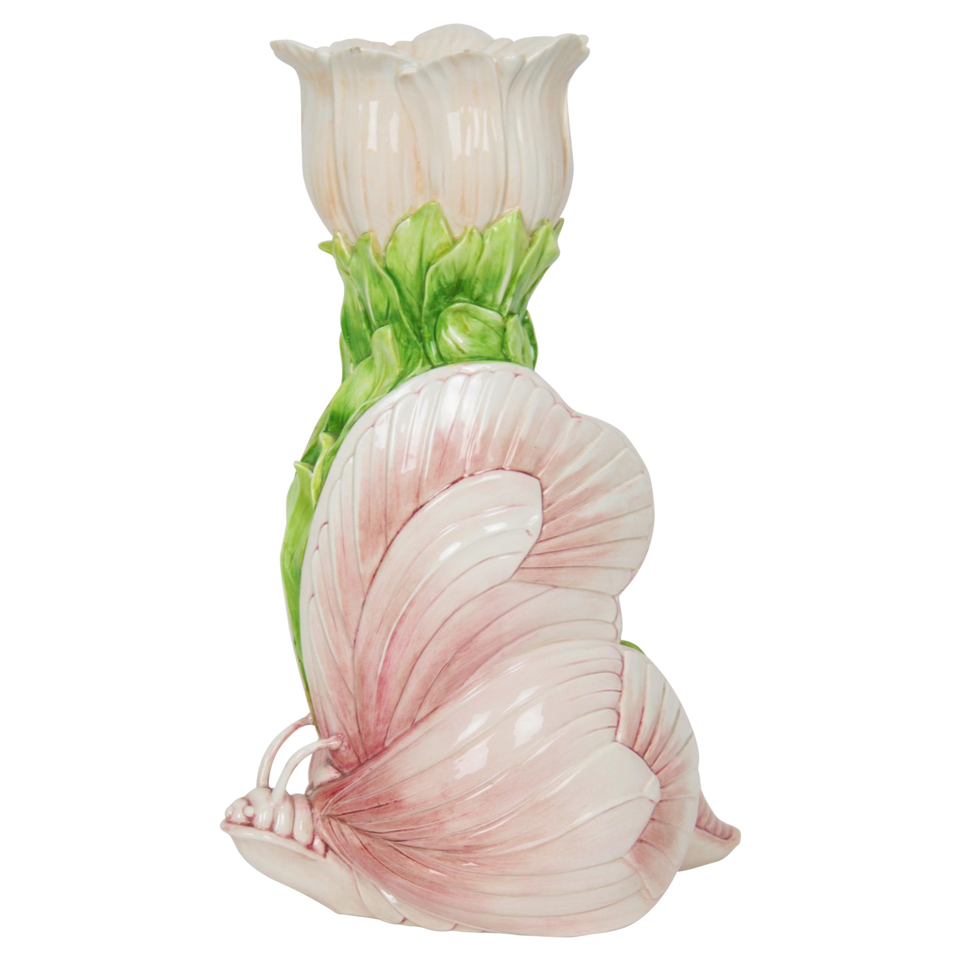 Liberty Butterfly Vase in Pink White Green Majolica Ceramic For Sale