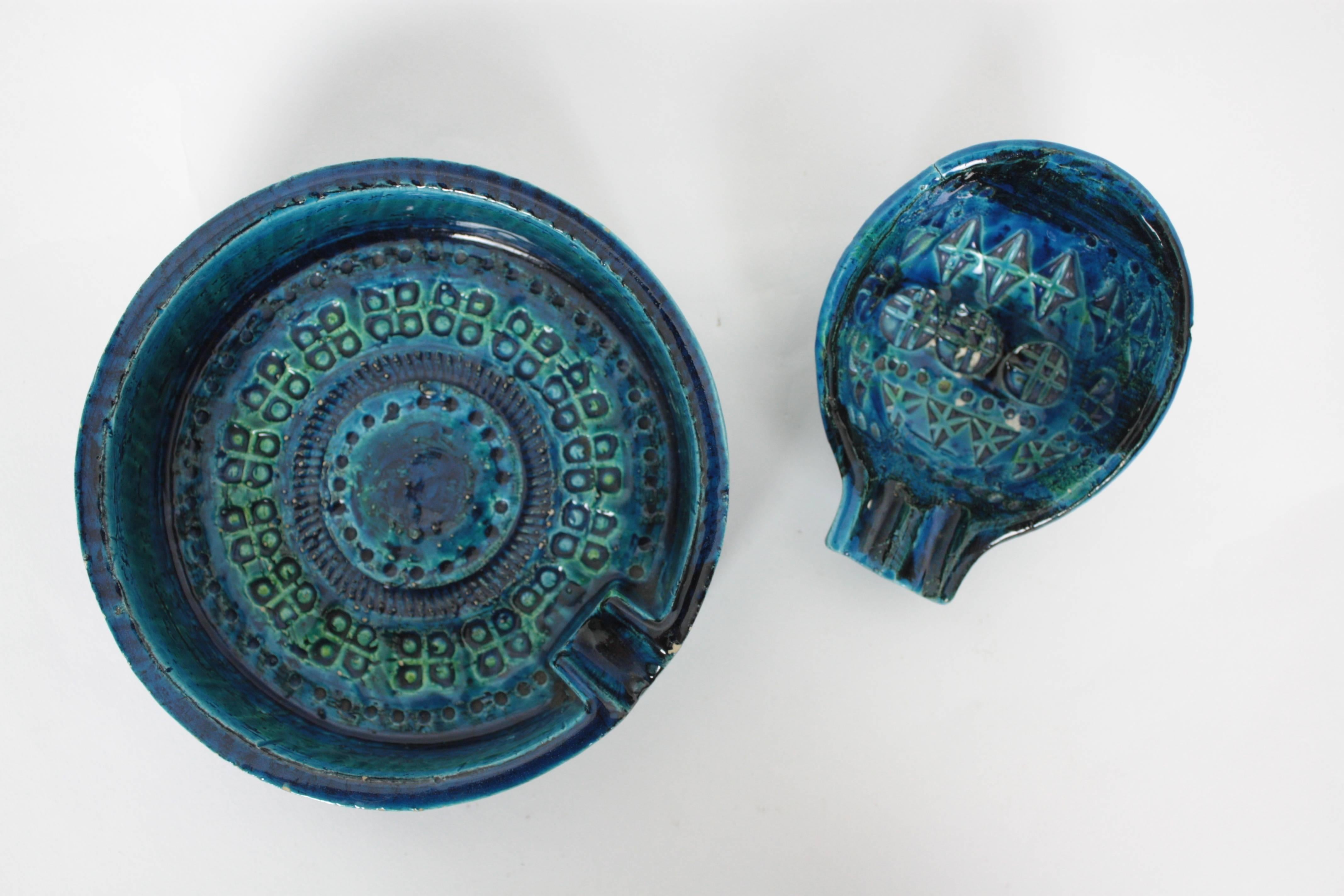 Mid-Century Modern Aldo Londi for Bitossi Set of Rimini Blue Glazed Ceramic Ashtrays