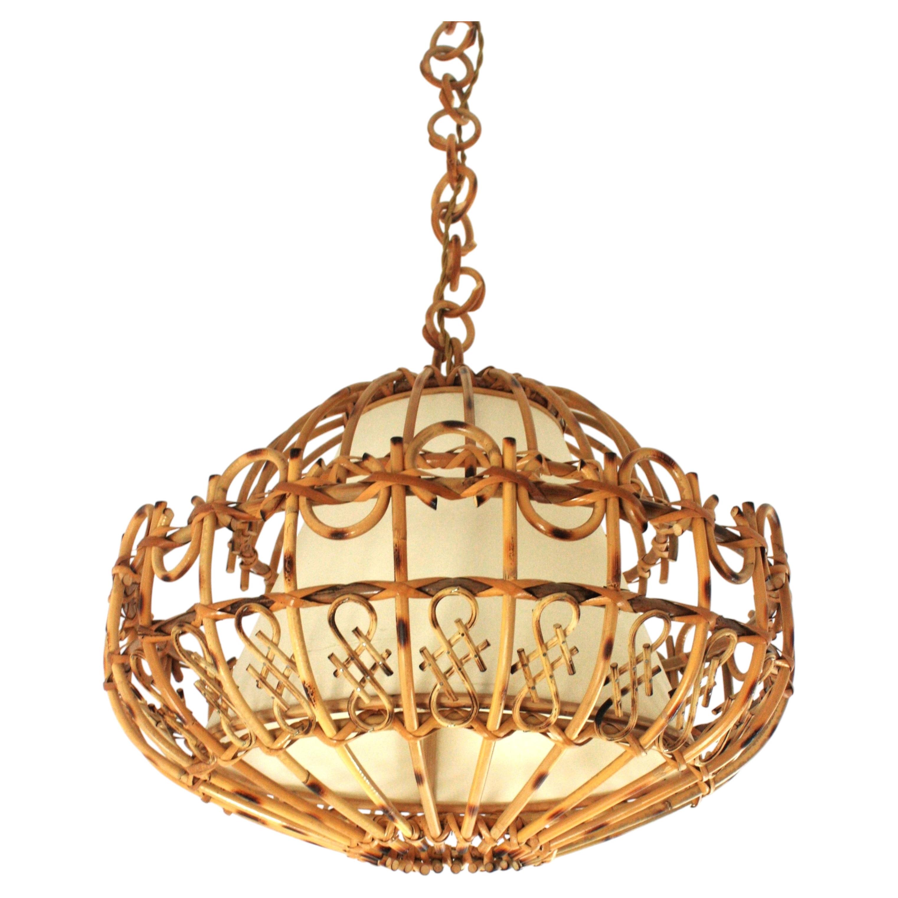 Large Rattan Pendant Hanging Light / Lantern, 1960s For Sale