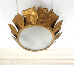 Brutalistische Deckenleuchte „Sunburst Crown“ aus vergoldetem Eisen, Spanien, 1950er Jahre