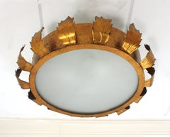 Large Sunburst Crown Flush Mount Light Fixture in Gilt Iron, Brutalist