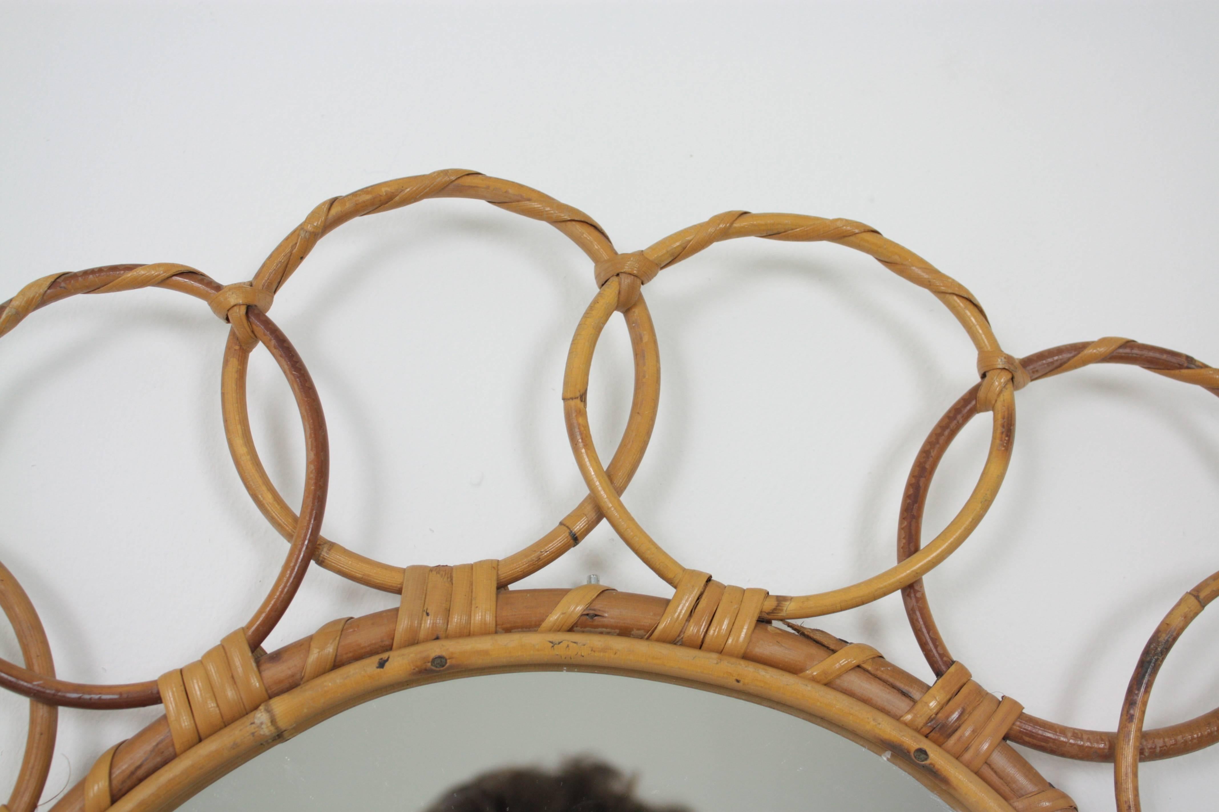 Spanish Mid-Century Bamboo Circular Mirror Framed with Rattan Circles