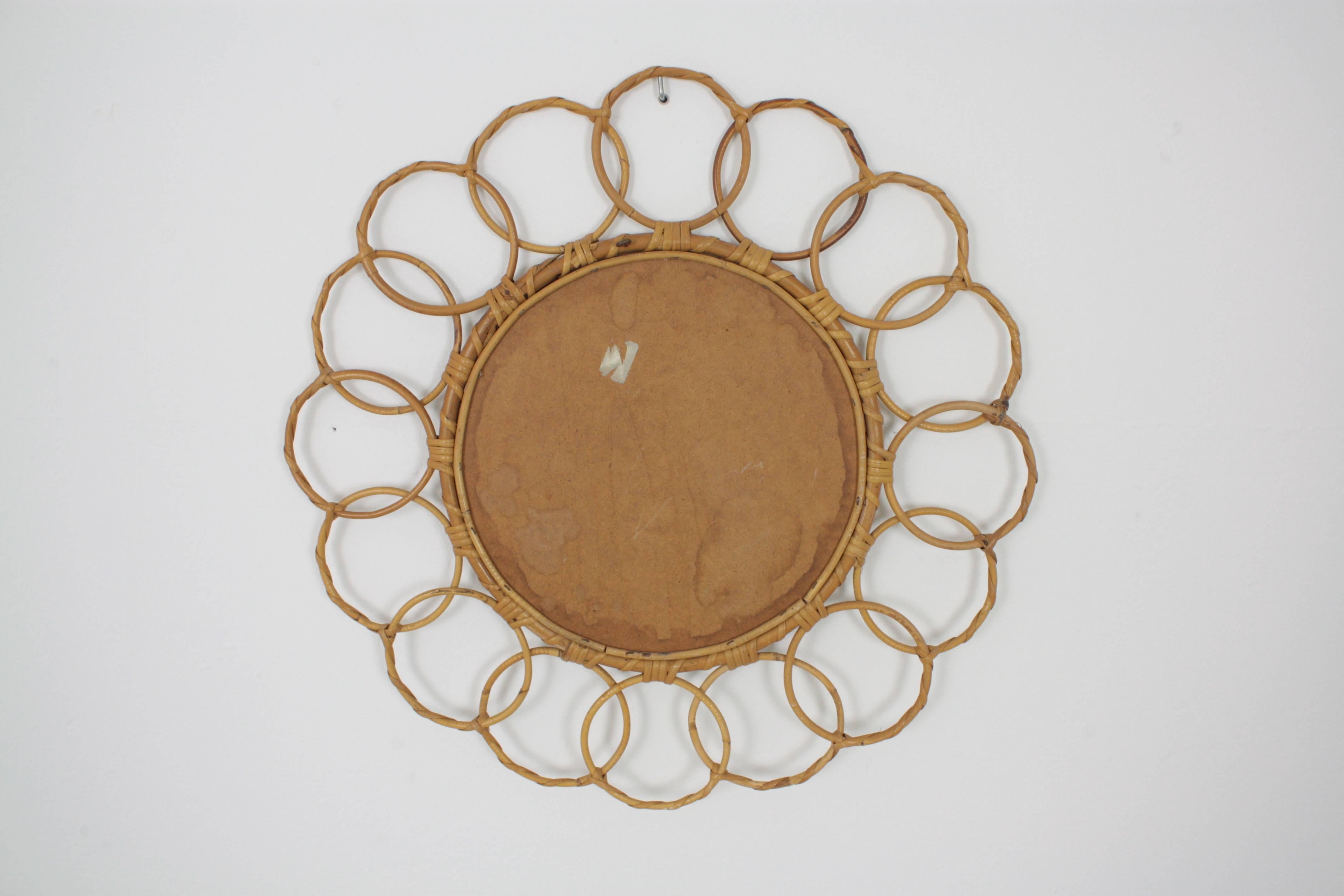 Mid-Century Bamboo Circular Mirror Framed with Rattan Circles 1