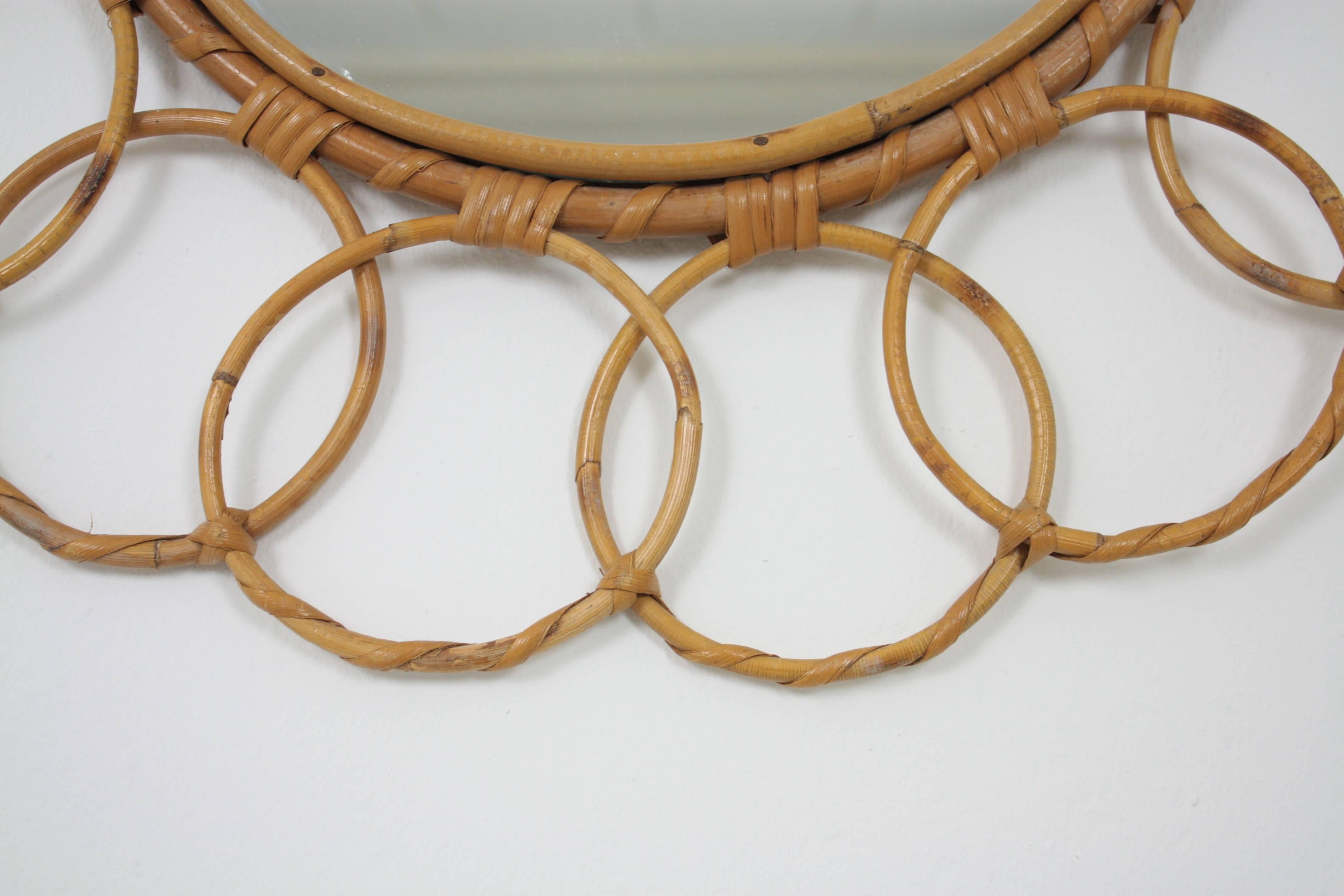 Mid-20th Century Mid-Century Bamboo Circular Mirror Framed with Rattan Circles