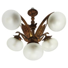 French Art Deco Five-Light Sunburst Chandelier in Bronze with Glass Globes
