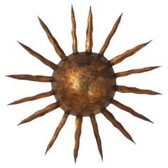 1940s Large Sunburst Ceiling Light Fixture in Gilt Iron, Gilbert Poillerat Style