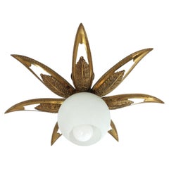 French Art Deco Starburst Sunburst Flush Mount in Bronze and Frosted Glass, 1940