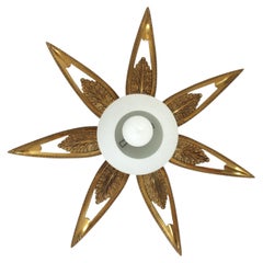French Art Deco Starburst Sunburst Flush Mount in Bronze and Frosted Glass, 1940