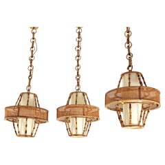 Set of 3 Spanish Rattan Wicker Wire Pendant Lights, Mid-Century Modern, 1950s