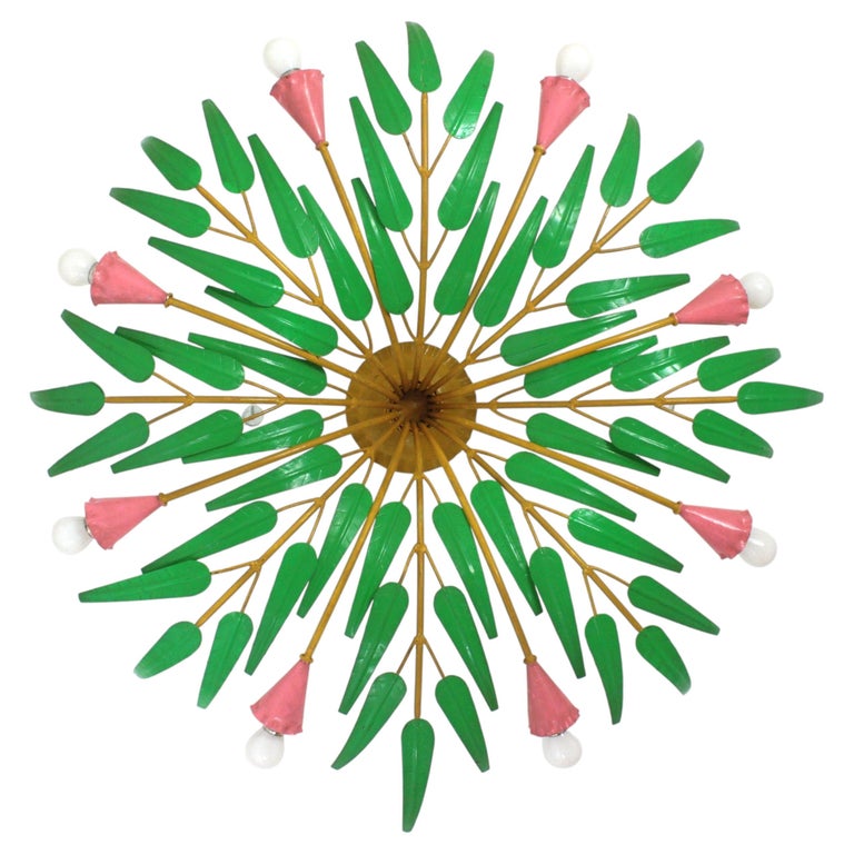 Spanish Foliage Sunburst Light Fixture in Pink and Green Iron, 8 Lights, 1950s