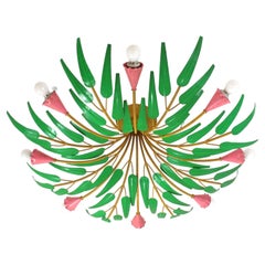 Lampada "Spanish Foliage Sunburst" in ferro rosa e verde, 8 luci, anni '50