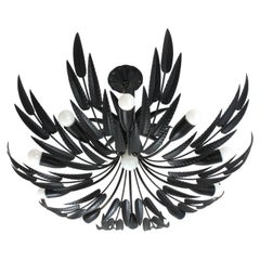 Lampadario / lampada “Foliage” in stile anni ’50 XL Sunburst, in ferro nero, a 11 luci