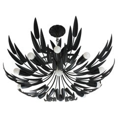 Lampadario / lampada “Foliage” in stile anni ’50 XL Sunburst, in ferro nero, a 11 luci