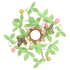 Midcentury Foliage Floral Flush Mount Light Fixture in Polychromed Iron, 1960