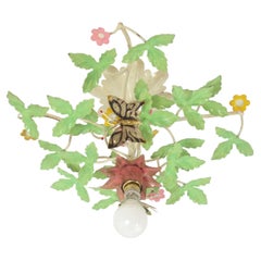 Midcentury Foliage Floral Flush Mount Light Fixture in Polychromed Iron, 1960