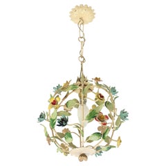 Lámpara colgante esférica italiana con motivos florales y follaje, de hierro policromado, década de 1950