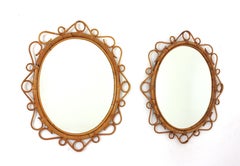 Coppia di specchi ovali spagnoli in rattan e bambù, stile Mid-Century Modern, anni ’60