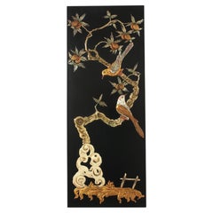Chinoiserie Black Lacquer Polychrome Wall Panel, Birds & Pineapple Motifs, 1950s