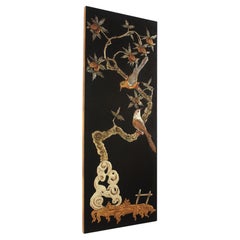 Chinoiserie Black Lacquer Polychrome Wall Panel, Birds & Pineapple Motifs, 1950s