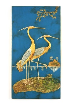 1950s Chinoiserie Blue Lacquer Gilt Polychrome Wall Panel, Heron & Sea Landscape