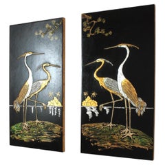 Pannelli da parete policromi in lacca nera in stile chinoiserie, con motivo “Heron Bird Island”, coppia