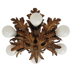 Plafonnier italien de style « Mid-Century Modern » avec motif « Sunburst » et feuillage, en fer doré, 1950