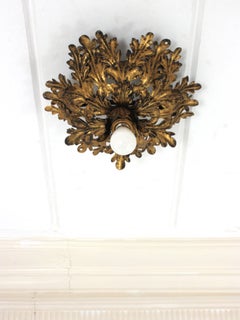 French Foliage Ceiling Light Fixture in Gilt Patinated Iron, 1940s