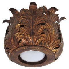Foliage Crown Ceiling Light Fixture in Gilt Iron, Neoclassical Style, Spain 1940