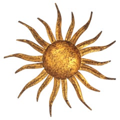 Large Ceiling Sunburst Light Fixture / Flush Mount in Gilt Iron, France 1940s