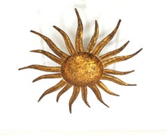 Large Ceiling Sunburst Light Fixture / Flush Mount in Gilt Iron, France 1940s