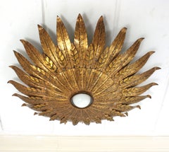 Large Sunburst Foliage Ceiling Light Fixture in Gilt Iron, Spain 1950s
