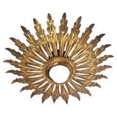Spanish Sunburst Foliage Ceiling Light Fixture in Gilt Iron, 1950s