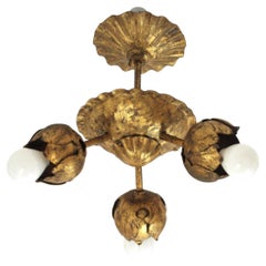 French Triple Flower Bud Chandelier / Ceiling Light Fixture in Gilt Iron, 1940s