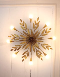 Sunburst Foliage Ceiling Light Fixture in Gilt Iron with Flower Detail, 8 Lights