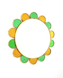Mid-Century Modern Flower Shaped Mirror with Green and Gilded Glass Frame, 1960s