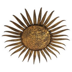 Sunburst Eyelash Ceiling Light Fixture in Gilt Wrought Iron, Spain 1950s
