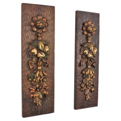 Pair of Hand-Carved Wood Wall Panels with Floral Motifs, Spain 1940s
