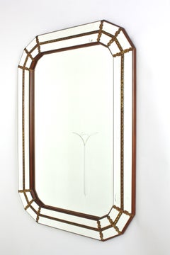 Venetian Modern Beveled Rectangular Mirror with Faceted and Brass Details, 1960