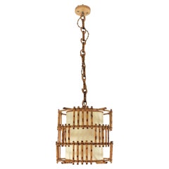 Bamboo Rattan Large Drum Pendant Hanging Light / Lantern, 1960s