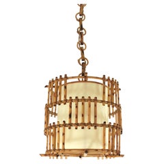 Bamboo Rattan Large Drum Pendant Hanging Light / Lantern, 1960s