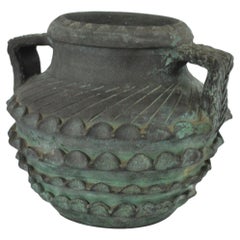 Iberian Style Green Unglazed Terracotta Handled Jar / Vase, Spain 1940s