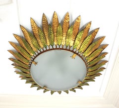 Large Sunburst Leafed Ceiling Light Fixture in Green and Gilt Iron, Spain 1950