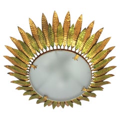 Large Sunburst Leafed Ceiling Light Fixture in Green and Gilt Iron, Spain 1950