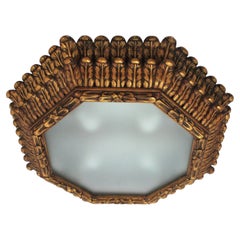 Octagonal Ceiling Light Fixture in Carved Giltwood, Frosted Glass, Spain 1950s