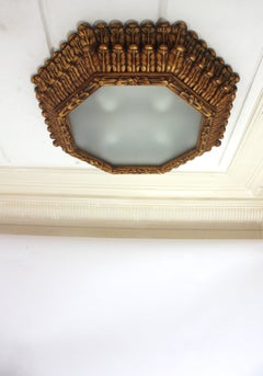 Octagonal Ceiling Light Fixture in Carved Giltwood, Frosted Glass, Spain 1950s