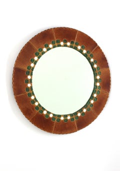Espejo de pared redondo de cerámica esmaltada en marrón, estilo Mid-Century Modern, España, 1960