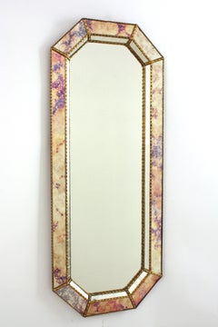 Venetian Style Full Length Octagonal Mirror in Pink Purple Glass & Brass Details