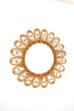 Spanish Flower Sunburst Mirror with Filigree Peacock Frame in Rattan, 1960s