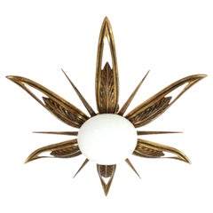 French Art Deco Starburst Sunburst Flush Mount in Bronze and Milk Glass
