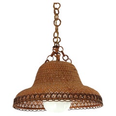 Spanish Woven Wicker Rattan Bell Pendant / Hanging Light, 1960